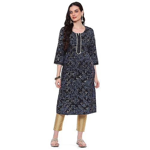 Image of Rangriti Blue Liva Straight Printed Kurta for Women