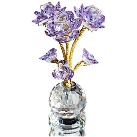 QFkris Purple Crystal Rose Flower Glass Figurine Collectible Statue Home Decor Wedding, Mothers Day, Centerpiece, Valentines Day, Bridal Shower Cover