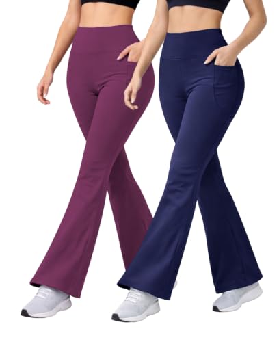 Image of Women's High Waist Bootcut Yoga Pants with Side Pockets | Flared Gym Leggings for Women | Stretchable Workout Bell Bottom Tights for Yoga, Gym, Running & Casual Wear Pack of 2