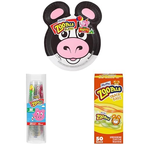 Image of Bundle of Hefty Zoo Pals Party Edition Paper Plates for Kids,20 Count, 7.75 Inches + Zoo Pals Animal Printed Kids Plastic Cups 25 Count, 10 Fl. Oz. + Zoo Pals Press to Close Snack Bags, 50 Count