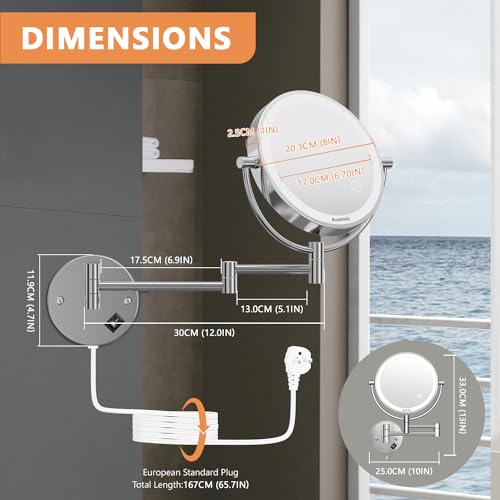 Auxmir Kosmetikspiegel mit LED Beleuchtung 1X/20X Vergrößerung, Dimmbarer Schminkspiegel mit Touchschalter, 3 Farbe Einstellbar, Rasierspiegel Wandmontage für Badezimmer, Spa und Hotel