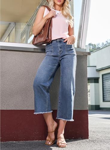 Dokotoo Women's Jeans High Waisted Flare Jeans Raw Hem Denim Pants with Pockets4