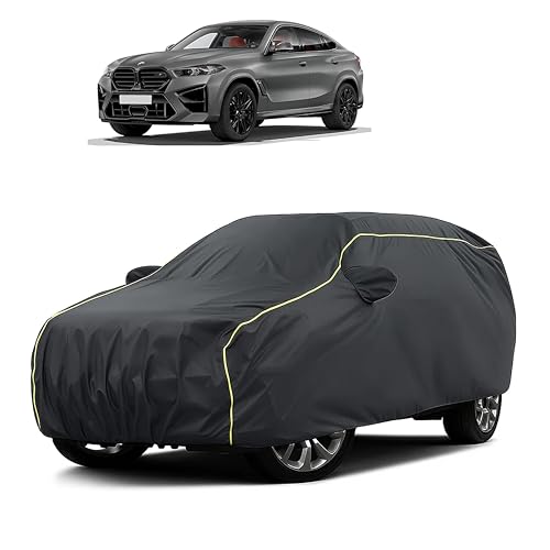 Image of Sulfar 100% Water Resistant Car Body Cover Compatible with Mirror for BMW X6M (Triple Stitched, Full Bottom Elastic, Dark Grey Taffeta with Yellow Piping)