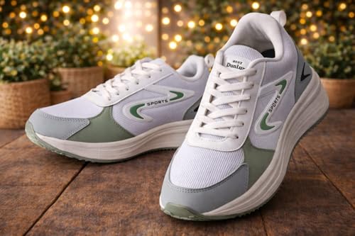 Image of Men's High Top Sports Shoes, White and Grey, Mesh and Synthetic, Lace-Up Running Trainers with EVA Cushioning, Water Resistant, All Weather Grip