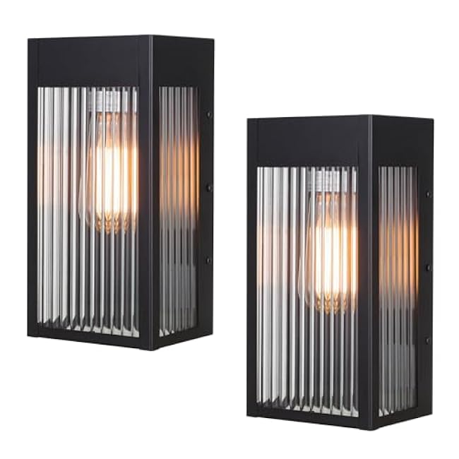 Cerdeco Black Outdoor Wall Light with Striped Tempered Glass,Modern Outdoor Wall Sconce with E26 Socket,2 Pack