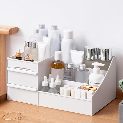 Image of zuku MakeUp Organizer Stand Desk Storage Dressing Table Organiser Cosmetic Organizer Box Skin Care Table Bathroom Organiser Makeup Storage Box Makeup Vanity with Transparent Drawer(White)