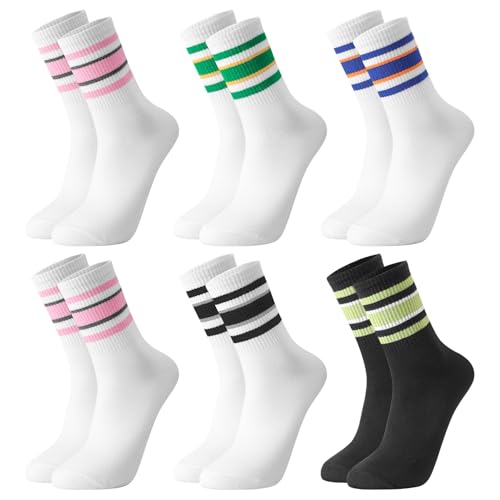 Jspupifip 6 Pair Retro Striped Socks for Women Vintage Crew Soft Comfortable Fashionable Casual Vintage Crew Calf Tube Sock