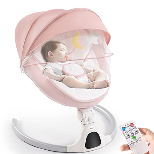Image of Jaoul Baby Swing for Infants - Electric Portable Newborn Bouncer With Bluetooth Touch Screen/Remote Control, Timing Function, 5 Speeds, 3 Seat Positions for Boys and Girls (Pink)