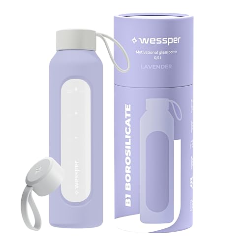 Wessper Botella de Agua Cristal, Botella 500 ml Motivadora con Escala de Hidratación, Botellas de Vidrio Borosilicato con Funda de Silicona, Material Seguro sin BPA - Violeta