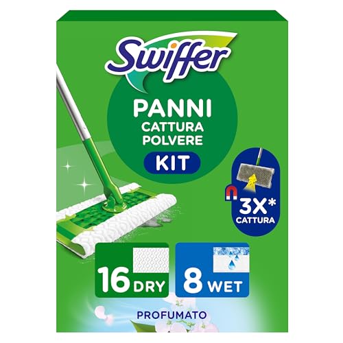 Swiffer Panni Catturapolvere, 1 Scopa E 16 Ricariche Dry + 8 Panni Lavapavimenti Wet, Cattura E Intrappola Polvere E Sporco, Raggiunge I Punti Più Difficili, Ottimo Per Tutti I Tipi Di Pavimenti