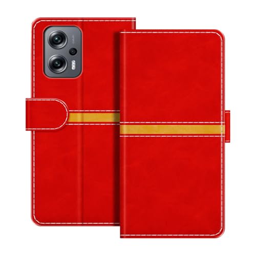 ESACMOT レザーウォレットケース Xiaomi Redmi Note 11T Pro との互換性あり 横ストライプデザイン カード収納付き マグネット式手帳型カバー (レッド)