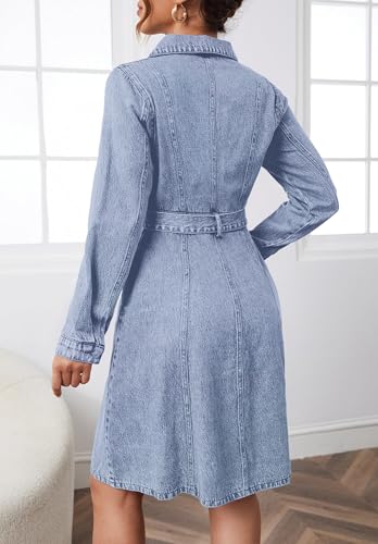 Image of Denim Dress for Women Button Down Casual Long Sleeve A-Line Belted Midi Jean Dresses with Pockets