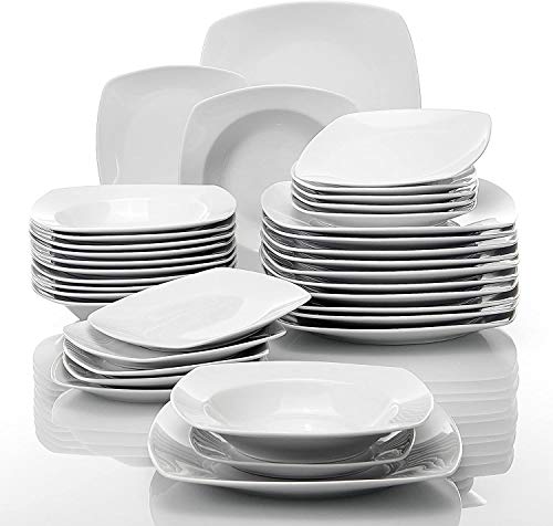 MALACASA 36-Piece Square Dinner Sets, White Porcelain Dinnerware Set with Dinner Plates, Dessert Plates and Soup Plates,Service for 12,Series Julia