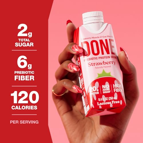 Image of Done Prebiotic Protein Shake, Strawberry, 20g Protein, 8.4oz, 8 Pack | 20g Whey Protein, High Fiber, Prebiotic, Lactose & Gluten Free, No Added Sugar, Ready-to-Drink Shake, 8-Pack
