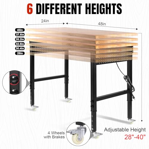 Image of 48 inch Lx24 inchW Adjustable Workbench with Wheels, 28 inch-40 inchHeight Heavy Duty Table 2000 LBS Load Capacity, Work Bench with Power Outlet & Pegboard, Rubber Wood Work Table for Garage, Office, Workshop