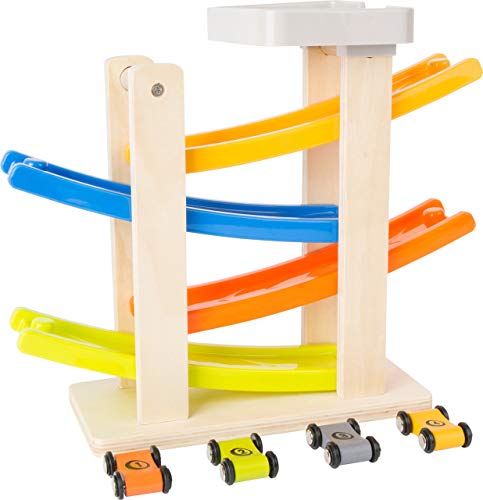 small foot 10602 Rennbahn mit Parkdeck, aus Holz, Vier Etagen, inkl. 4 Autos, ab 18 Monaten