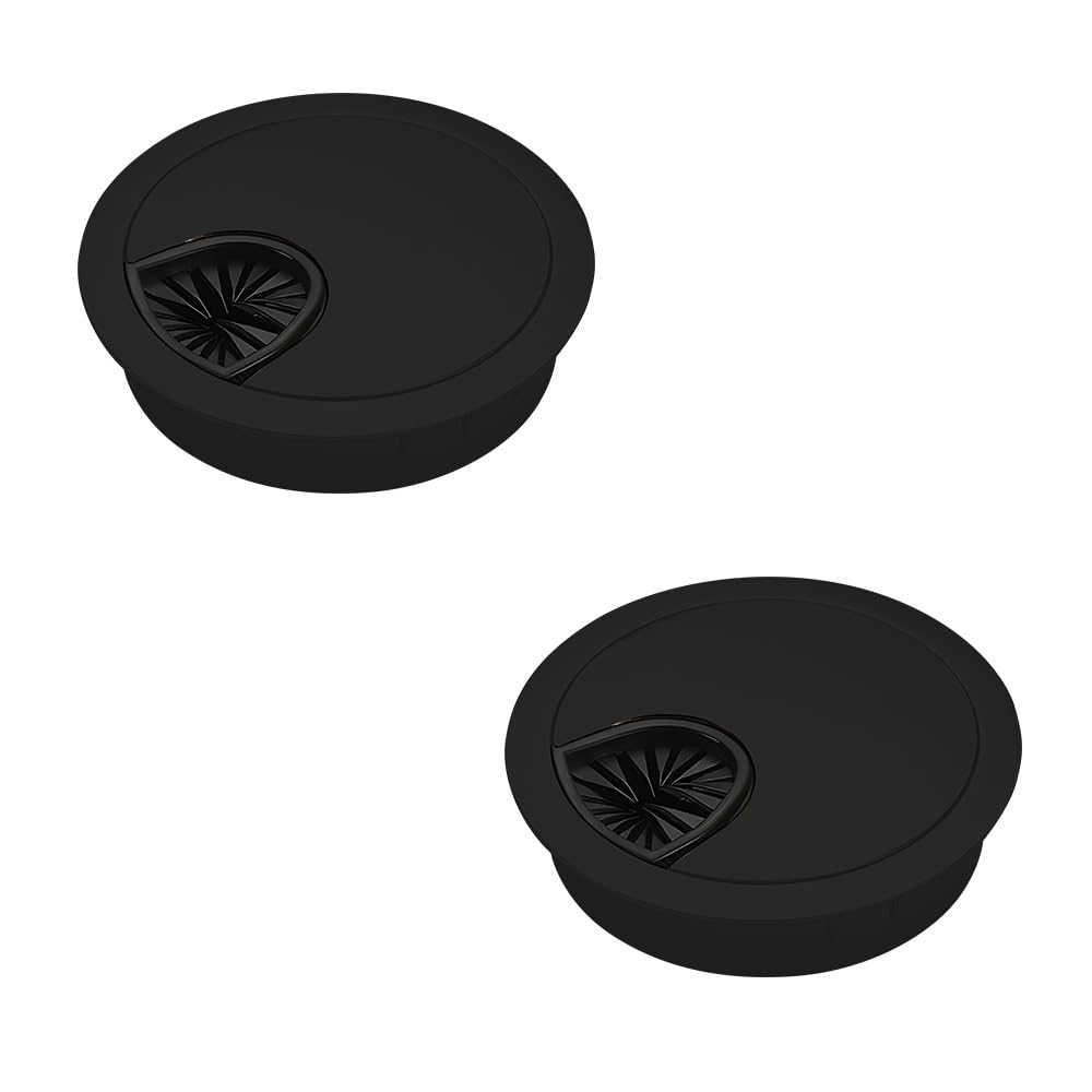 FEIHS 2 Pcs 60mm Desk Cable Grommets, Computer Desk Metal Cable Hole, Round Cables Hole Cover, Table Cables Tidy Wire Hole Cover - Zinc Alloy for Organising Office and Home Table (Black)