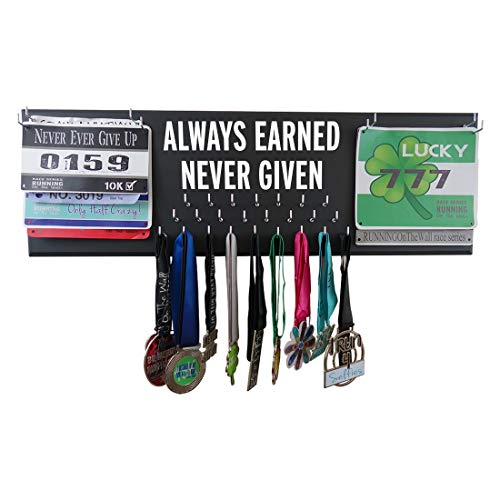 Race bib and Medal Display - Always Earned Never Given - Medal Holder - Medal Hanger - Medal Display Rack - Hooks for Sport Medal - Athletic Gift for Men - Running Accessories