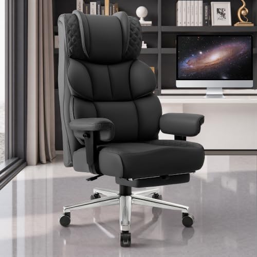 Image of Office Desk Chair, Big and Tall Leather Gaming Chair with Footrest, Wide Ergonomic Comfy Executive High-Back Reclining Computer Chairs, Swivel Rolling Wheels and Padded Lumbar Support, Black Updated