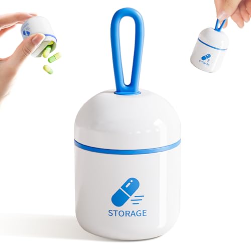 ONTERATE Pillendose mit Schlüsselanhänger, Kleiner Pillendosierer, Behälter für die Handtasche, Herausnehmbarer Teiler, Feuchtigkeitsbeständige Pillenflasche mit Silikondichtung für Reisen (Blau)