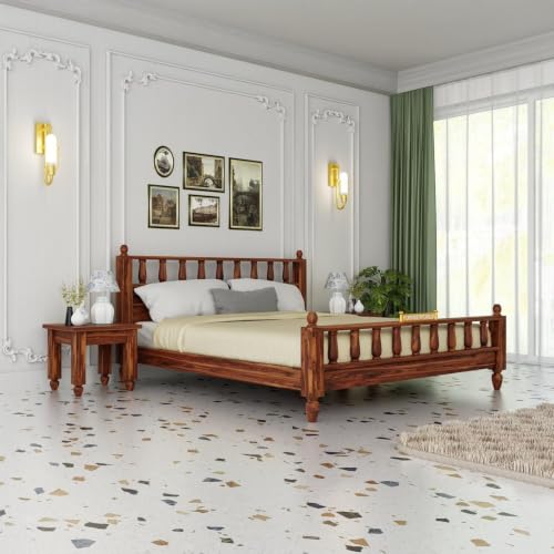 Image of Solid Wood Bed Queen Size 84x64x39 Wooden Double Bed Cot Furniture for Bedroom Home and Hotel Queen Size cot 1 Year Warrenty (Honey Finish, Queen)