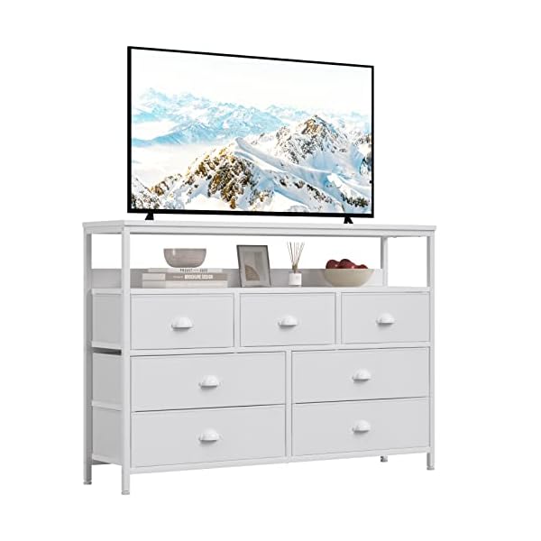 Furologee Dresser TV Stand, Console Sofa Table with 7 Drawers and 2-Tier Open Shelves, Entertainment Center for 45″ TV, Storage Fabric Dresser Drawer Unit for Bedroom, Living Room, Entryway, White