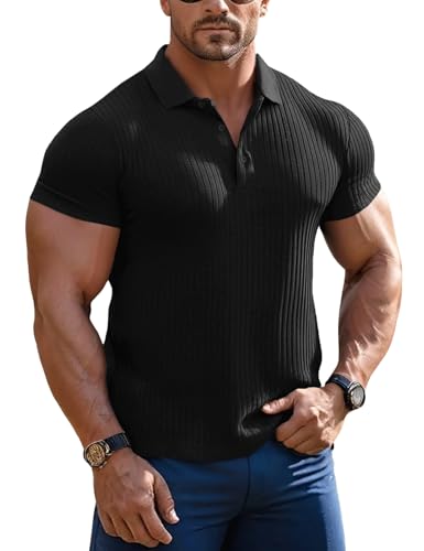 Muscle Cmdr Men's Cotton Muscle Polo Shirts Slim Fit Business Casual Tee Long&Short Sleeve Ribbed V Neck Shirt Black/L