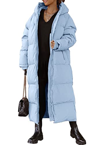 Tankaneo Womens Hooded Long Quilted Coat Maxi Length Long Sleeve Puffer Jacket Warm Padded Coat Thick Winter Outerwear