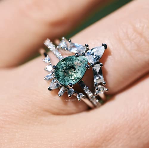 Aquamarise Natural Green Moss Agate Ring 3Pcs Set For Women- 925 Sterling Silver Aquatic Agate Engagement Ring Vintage Handmade Promise Ring Green Gemstone Gift For Her (8.5) #TOP1