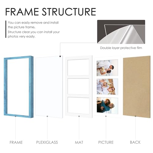 Image of DUENPY 8x14 Collage Picture Frame 4x6 Collage Picture Frame Displays Three 4x6 inch Photos or 8x14 (Without Mat) for Available Horizontal Wall Mounting Display and Vertical Blue