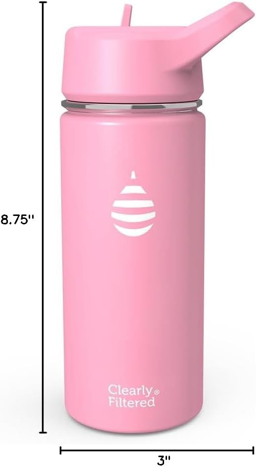 Clearly Filtered Water Bottle | Removes 200+ Contaminants, Double-Wall Insulated Stainless Steel, BPA/BPS Free, Phthalate Free, Filters Flouride Lead Chlorine (16oz, Bubble Gum)