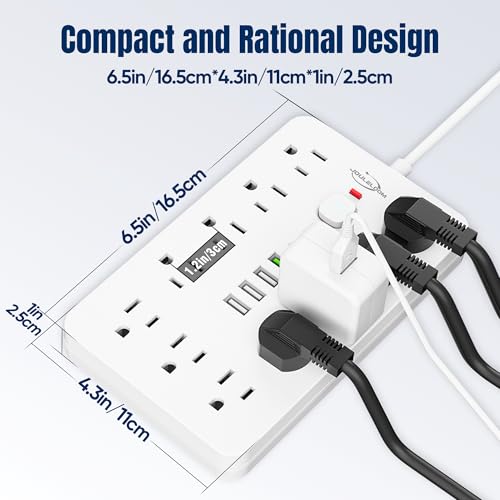JouleLoom 2 Pack 6 FT Flat Plug Surge Protector Power Strip, 11 enchufes AC múltiples con 6 puertos USB (2 USB C), cable de extensión de 6 pies, 1250W/10A, botón de encendido táctil, regleta compacta 17 en 1 miniatura 6