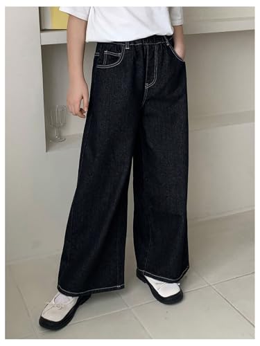 OYOANGLE Girl's Bow Embroidery Straight Leg Jeans Elastic Waist Solid Denim Pants with Pockets2