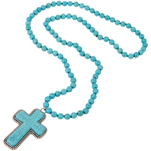 GORGECRAFT Collier Croix Turquoise Bohème Vintage Occidental Pierres Précieuses Naturelles Perles Long Pendentif Crucifix Épais Bohème Déclaration Fait Main Ras du Cou Charme pour Femmes Hommes
