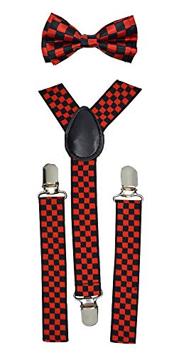 CUTE Baby Toddler Kids Children Boys Checker Elastic Suspender Red/Black Bow Tie Set