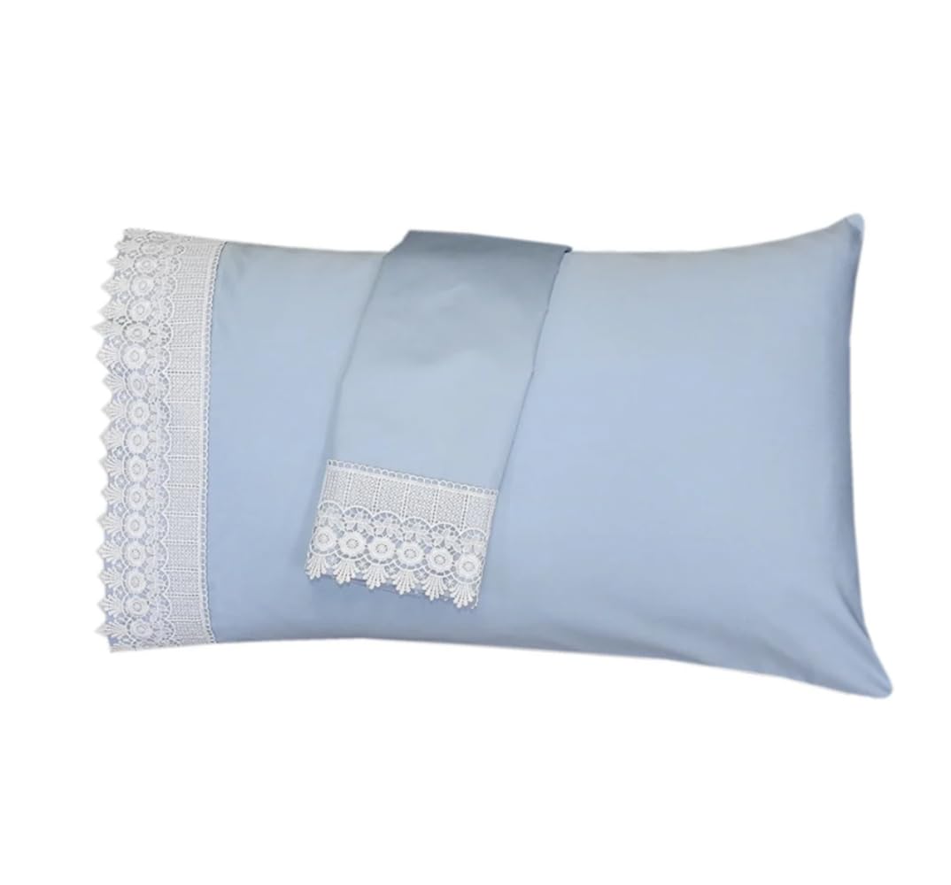 100% Cotton 608 Thread Count Blue Embellished Macrame Pillowcases (King Size, 20x40 Inches) Soft & Luxury Set of 2 Pillow Covers -Made in USA