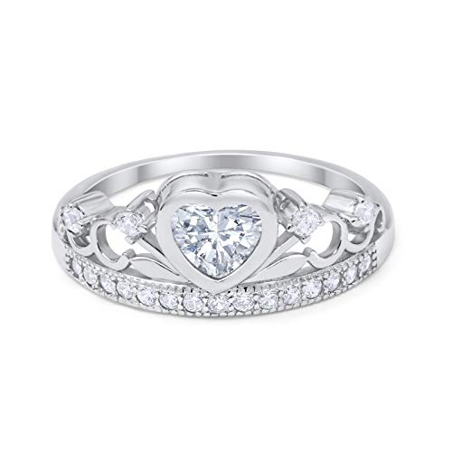 Blue Apple Co. Heart Crown Ring Half Eternity Simulated Cubic Zirconia 925 Sterling Silver Size-4