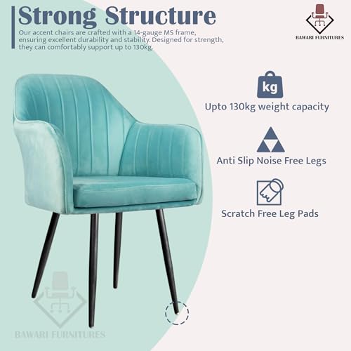 Image of Plush Dining Chair | Accent Chair for Living Room Bedroom Restuarant | Velvet Fabric & Thick Cushion Seat with Sturdy Glossy Metal Legs (Black Legs, Sky Blue)