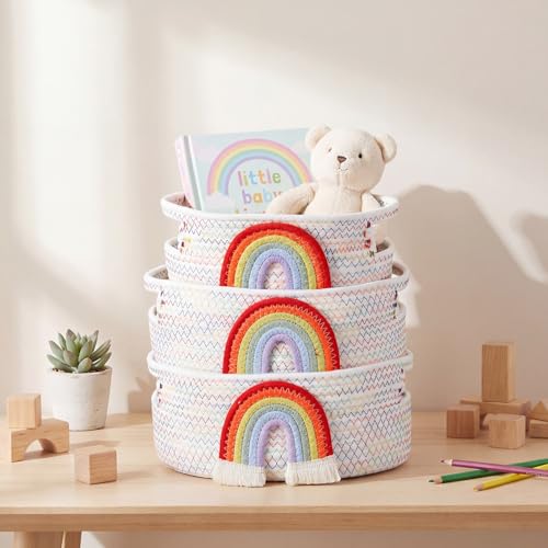 Image of Breling 3 Pack Toy Storage Baskets, Teacher Woven Cotton Rope Storage Bins with Rainbow Design for School Supplies, Books, Blankets, Clothes, Playroom, Nursery, Classroom, Back to School Gift