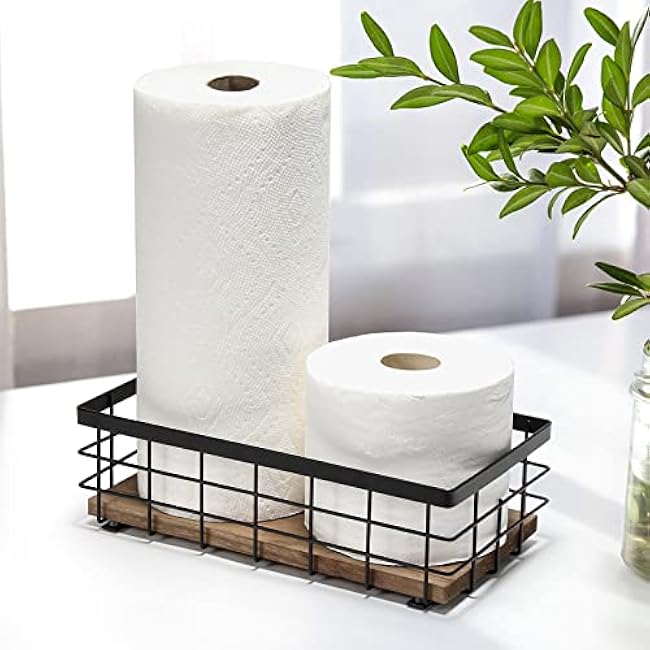 TJ.MOREE Small Metal Wire Basket, Decorative Wood Base Organizer for Bathroom, Kitchen, Basket for Toilet Paper Storage, Sugar Packet, Coffee Syrup, Guest Towel, Napkin