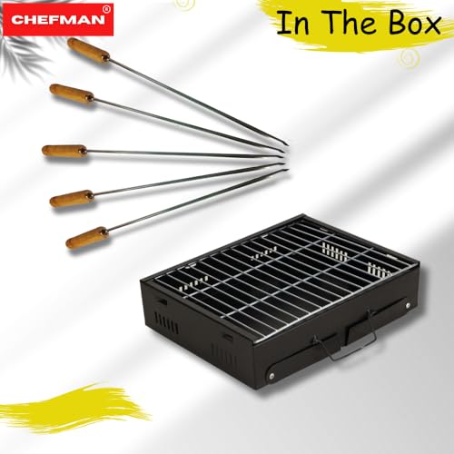 Image of Chefman Mini Portable Table Top Charcoal Barbeque Grill for Outdoor Cooking, Featuring Foldable Legs, Removable Grill, and 5 Skewers, Perfect for Camping, Tailgating, Picnics, and Backyard Barbecues