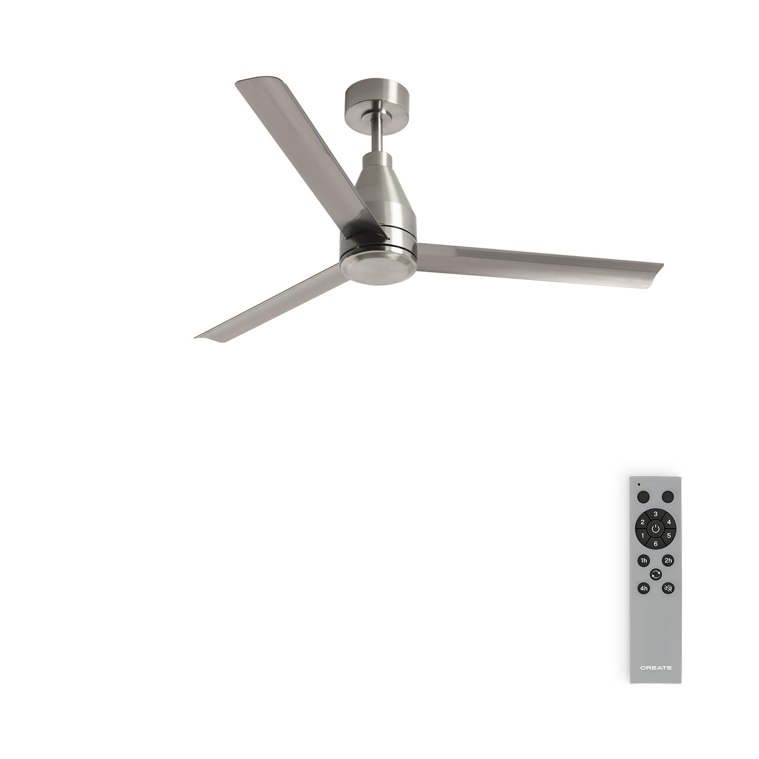 CREATE / WIND STEEL/Ventilador de techo plata / 40W, Silencioso, 6 velocidades, flujo de aire amplio, Ø132 cm, programable, función verano-invierno, luz led 3 temperaturas