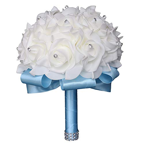 Flonding Wedding Bouquet, Blue Bouquet for Bride Bridesmaid with Diamond Soft Ribbons, Artificial Rose Bridal Holding Flowers for Party Church