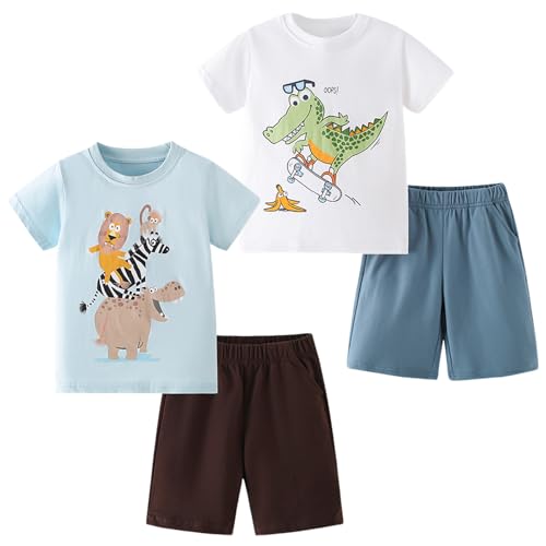 Image of Baby Boys' Summer Clothing Set, 2 Piece Cotton Toddler Boy Outfits 2-6T | Short Sleeve T Shirt and Short, Soft Breathable Infant Boy Clothes, Crewneck, Elastic Waist Shorts, Dinosaur /Car Print