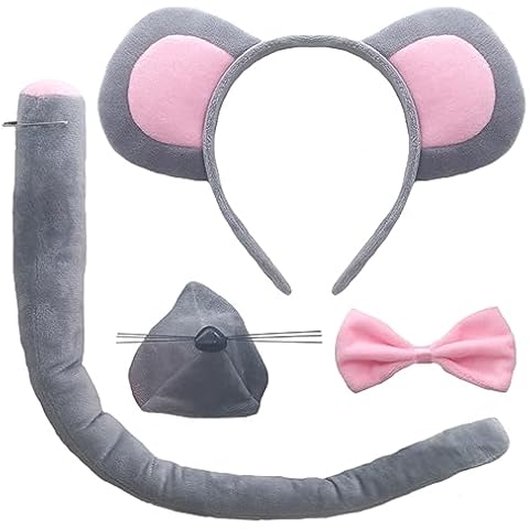 4 Pcs Halloween Mouse Ears Headband Nose Bow Tie Tail Gray Mouse Hair Hoops Women Bowtie Animal Headpiece Hairband Hair Bands Cosplay Dress Up Masquerade Xmas Baby Shower Birthday Party Accessories Cover