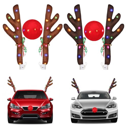 ovsor 2 Sets Christmas Reindeer Car Kit - Antlers & Nose for Car Decorations Sturdy Rudolph Reindeer with LED Jingle Bells Christmas Reindeer Kits for Any Vehicle Decorations (Brown Black-Brown)