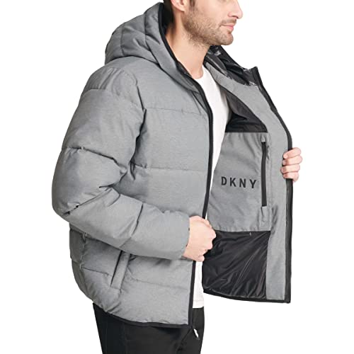 DKNY Men's Water Resistant Ultra Loft Hooded Logo Puffer Jacket (Standard and Big & Tall), New Heather Grey, Small4