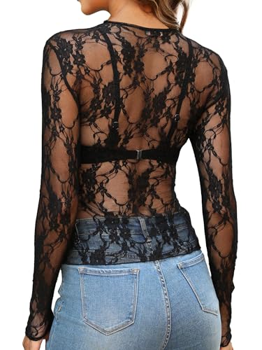 OFEEFAN Womens Mesh Tops Lace Long Sleeve Shirts Crewneck Slim Fitted Outfits See Through Blouses4