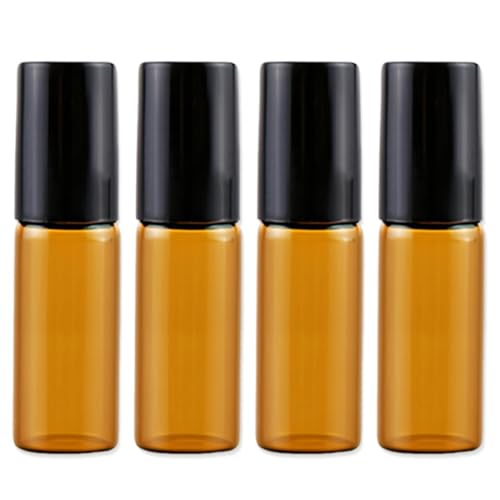 Botellas de Vidrio ámbar con Bola de Metal - 4 Piezas Botella de Aceite Esencial Roll-on para Aceite Esencial, Frasco Perfume Recargable,5ML