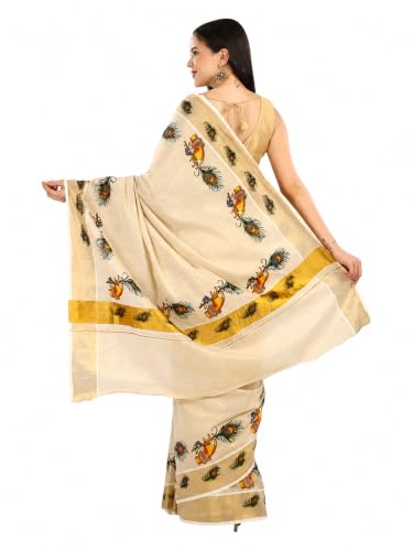 Image of Women's Kerala Tissue Plain Saree with Running Blouse| Onam & Vishu Kani Special | Traditional Kasavu White Colour